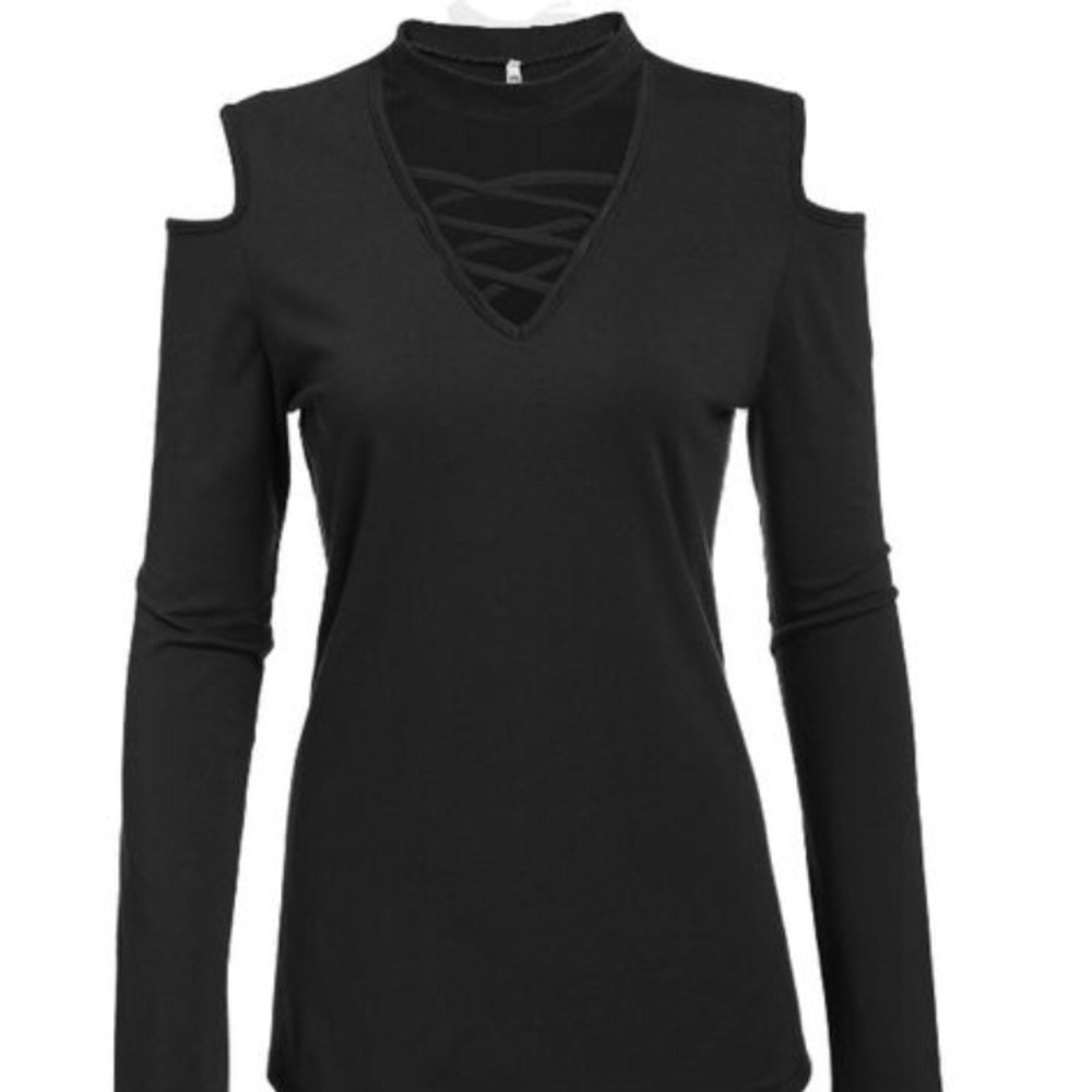 Cold shoulder rich black velvet blouse/shirt